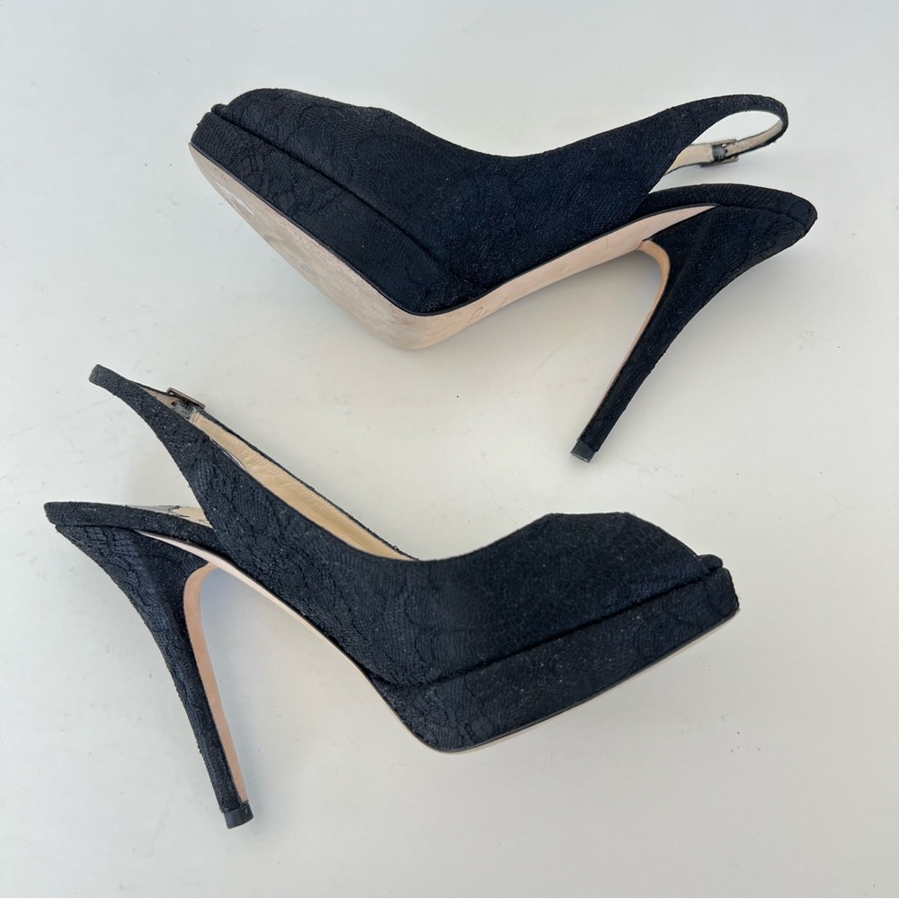 JIMMY CHOO Black Textured Fabric Lace Side Buckle Peep Toe Heel Sandals Sz 37.5 - Picture 7 of 11
